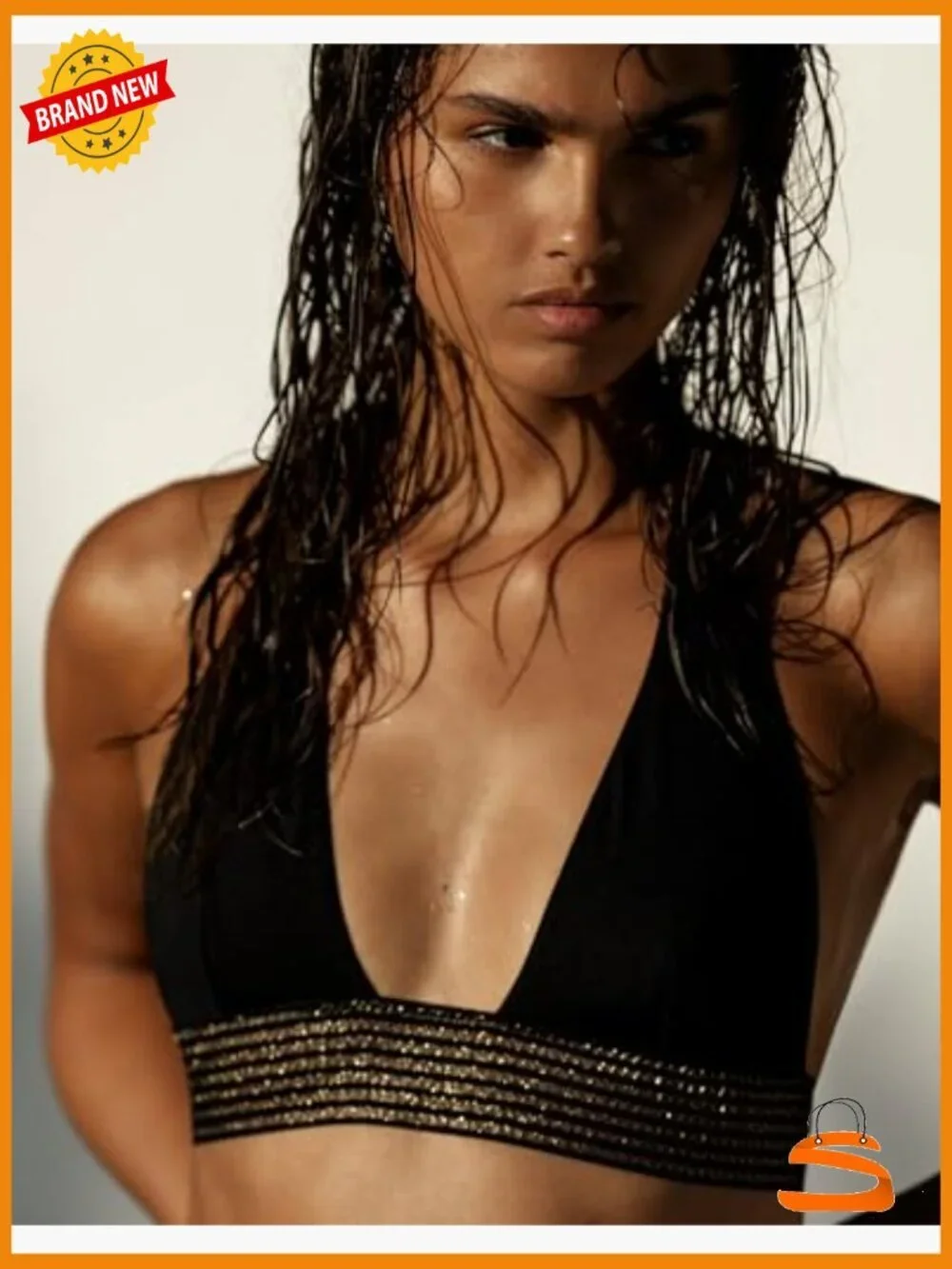 Medium Bikini Halter Top with Adjustable Ties, Sheer Elastic Fabric
